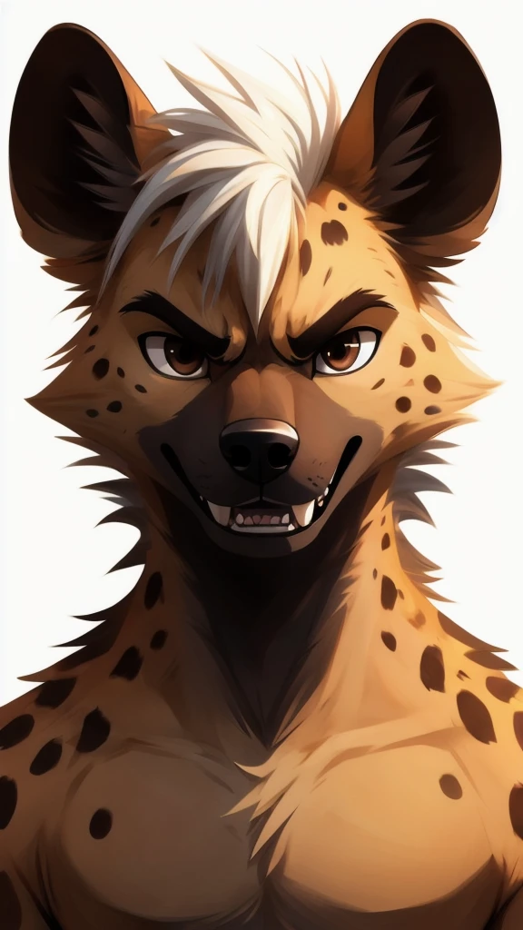 masterpiece,hyena,male,child,Solitary,Minimal details,Delicate eyes,Brown eyes,Hair,White background,Cartoon style,White hair,Facing the camera,very angry,Show your teeth