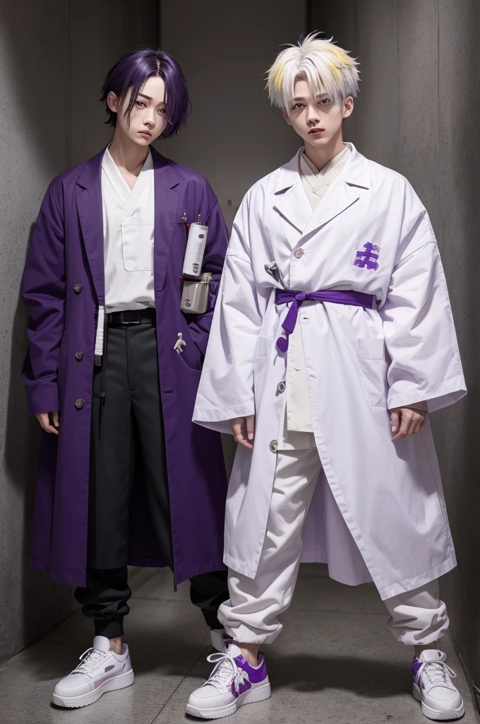 A boy doctor with a giant syringe Wine eyes with white purple and yellow hair with a psychopath face and a doctor's outfit and rock sneakers Jibaku shoen style or hanako kun style