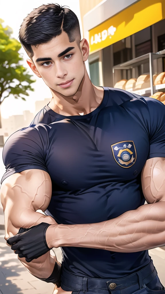 (handsome Man),(crew cut short hair:1.8),black eye,(Wear a fitted round neck t-shirt in navy with a police badge.:1.5),(fit neck),Navy blue jeans,(black_gloves:1.2), Korean guy,chest muscles,large arm muscles,blood vessel,Big muscles,Broad shoulders, (open mouth:1.2),(face up:1.2),(open eyes:1.5), middle of the road,smile, In front of the bread shop