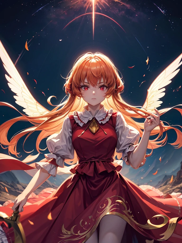 flander scarlet from touhou with a large European two-handed sword in knight's armor. it floats above the ground. beautiful armor. beautiful face and eyes. Magical sparks are all around. The hair is blowing beautifully in the wind. Iridescent crystal wings on the back. the eyes are glowing red. . aesthetically pleasing, high detail, high resolution