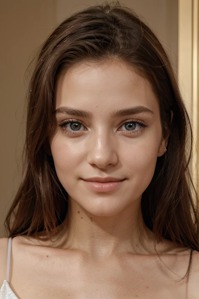 Créer une image d'une jeune fille avec de beaux cheveux bruns, des yeux fermées et un visage attrayant. Les traits de son visage doivent être harmonieux, avec un sourire doux et charmant. Ses cheveux doivent être longs et brillants, encadrant délicatement son visage. Les yeux doivent être expressifs, de préférence avec une couleur riche et profonde. L'ensemble de son apparence doit dégager une beauté naturelle et une aura de gentillesse