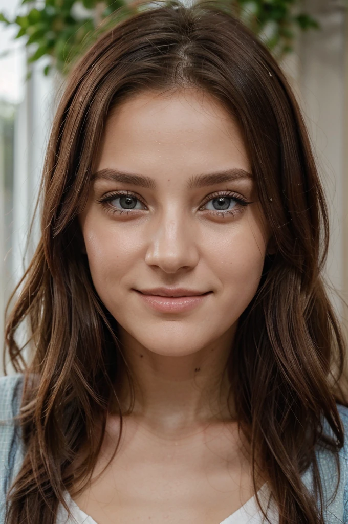 Créer une image d'une jeune fille avec de beaux cheveux bruns, des yeux fermées et un visage attrayant. Les traits de son visage doivent être harmonieux, avec un sourire doux et charmant. Ses cheveux doivent être longs et brillants, encadrant délicatement son visage. Les yeux doivent être expressifs, de préférence avec une couleur riche et profonde. L'ensemble de son apparence doit dégager une beauté naturelle et une aura de gentillesse