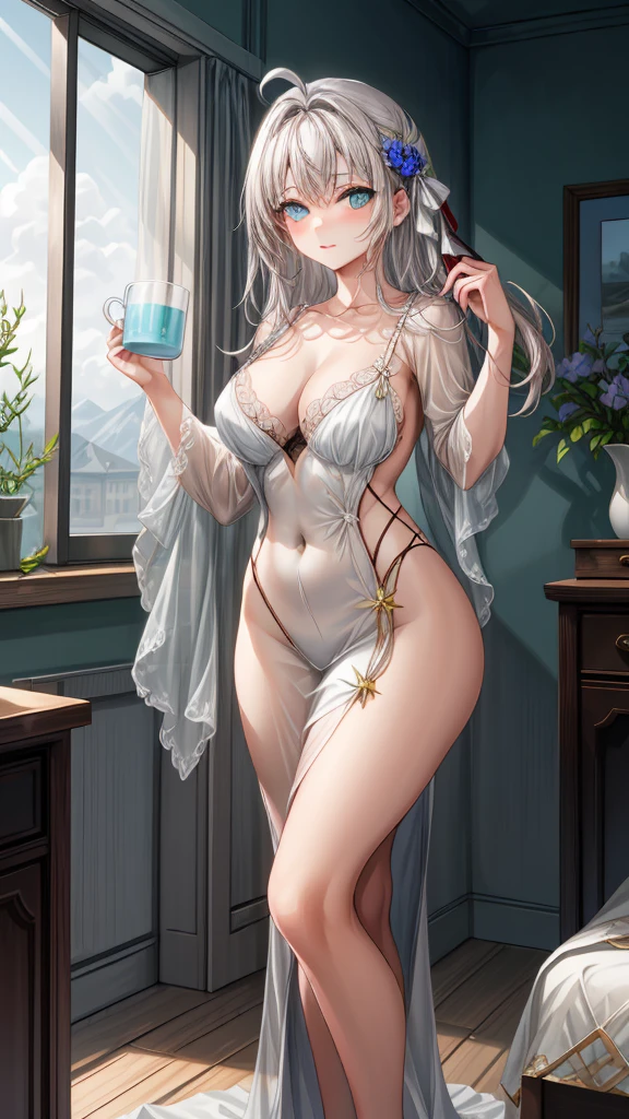 (1 girl), (Masterpiece), (Best Quality), ((looking at the viewer)), ((whole body)),((in front of the viewer)), ((dress that highlights your figure)), ((by white))
An incredibly beautiful young woman with snow-white hair and deep blue eyes like sapphires looks gracefully out the window upon waking up.. Her figure is slim and elegant., adorned with a delicate, Exquisite white silk nightgown trimmed with lace that accentuates your perfect skin under the soft morning light. She holds a cup of tea gracefully., while the first rays of the sun illuminate his angelic face, reflecting an aura of serenity and tranquility.