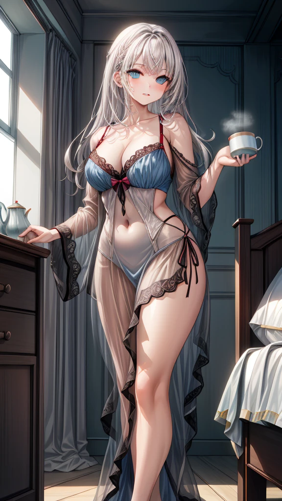 (1 girl), (Masterpiece), (Best Quality), ((looking at the viewer)), ((whole body)),((in front of the viewer)), ((dress that highlights your figure)), ((by white))
An incredibly beautiful young woman with snow-white hair and deep blue eyes like sapphires looks gracefully out the window upon waking up.. Her figure is slim and elegant., adorned with a delicate, Exquisite white silk nightgown trimmed with lace that accentuates your perfect skin under the soft morning light. She holds a cup of tea gracefully., while the first rays of the sun illuminate his angelic face, reflecting an aura of serenity and tranquility.