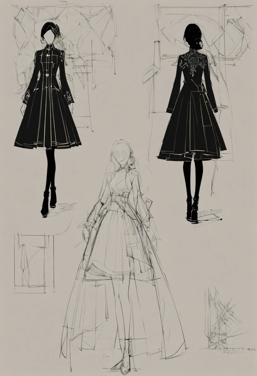 Sketches of ideas: They are quick and simple drawings that serve to capture the first ideas of a design.. They are usually schematic and do not have many details, but they allow you to visualize the general shape of the garment, the silhouette and arrangement of the elements.