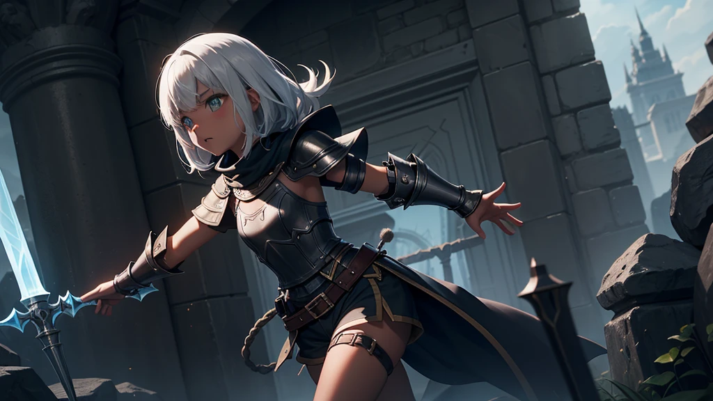 最high quality、high quality、Simple Cloth Armor、10Year-old girl adventurer、Dark maze、Shorts、Equipped with a dagger and a shield、The body is covered in a translucent jelly-like substance.