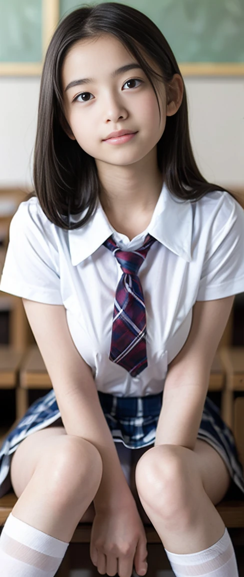 ((Breast enlargement)), (masterpiece, Highest quality:1.2), 8K, Young and beautiful girl, 85mm,Official AR RAW Photos, (Baby Face), ((Small face)), (((Super big breasts))), Detailed nipples, Show me your ears、photo shoot, Cute face, Thighs, Classroom after school, Looking at the audience, Embarrassing、smile、No makeup, Film Grain, chromatic aberration, Sharp focus, Face Light, Bright lighting, 10 generations, Detailed face, Background blur、((((((14 year old high school girl))))))、Narrow waist, ((Schoolgirl uniform, Checkered pleated mini skirt)), (White tiny panties), Sitting with your knees