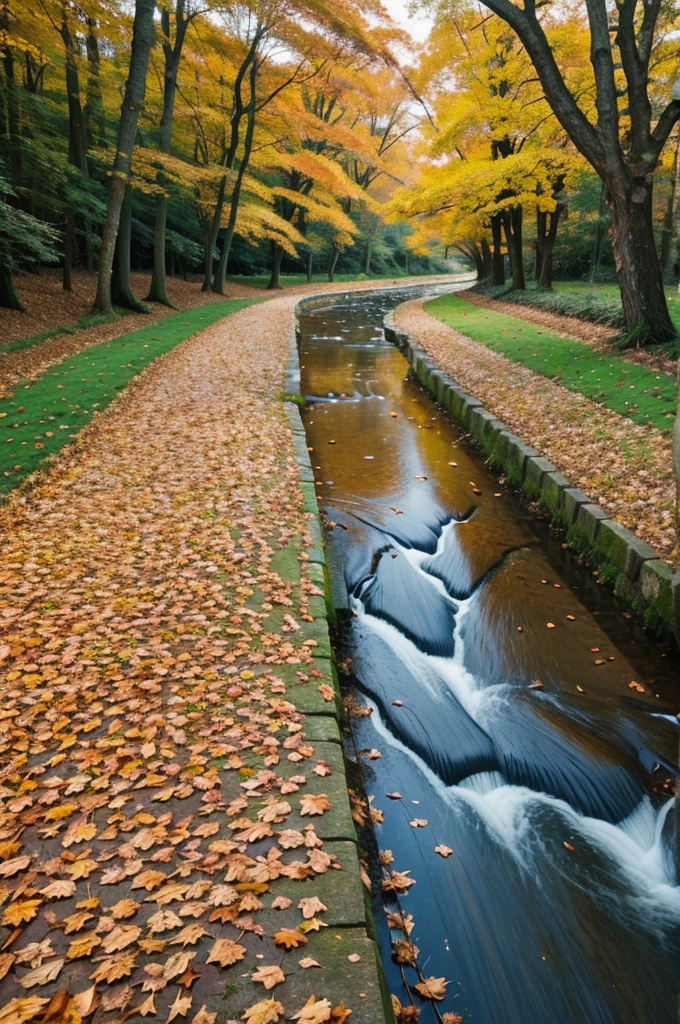Beautiful scenery,lot of fallen leaves,little channel flowing through