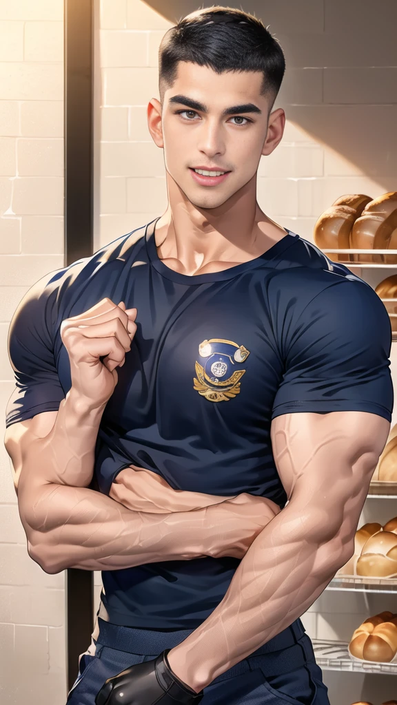 (handsome Man),(crew cut short hair:1.8),black eye,(Wear a fitted round neck t-shirt in navy with a police badge.:1.5),(fit neck),Navy blue jeans,(black_gloves:1.2), Korean guy,chest muscles,large arm muscles,blood vessel,Big muscles,Broad shoulders, (open mouth:1.2),(face up:1.2),(open eyes:1.5), middle of the road,smile, In the bread shop, (bread in hand)