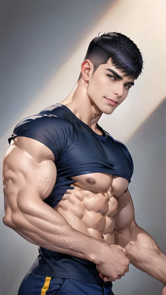 (handsome Man),(crew cut short hair:1.8),black eye,(Wear a fitted round neck t-shirt in navy with a police badge.:1.5),(fit neck),Navy blue jeans,(black_gloves:1.2), Korean guy,chest muscles,large arm muscles,blood vessel,Big muscles,Broad shoulders, (open mouth:1.2),(face up:1.2),(open eyes:1.5), middle of the road,smile, In the bread shop, (bread in hand)