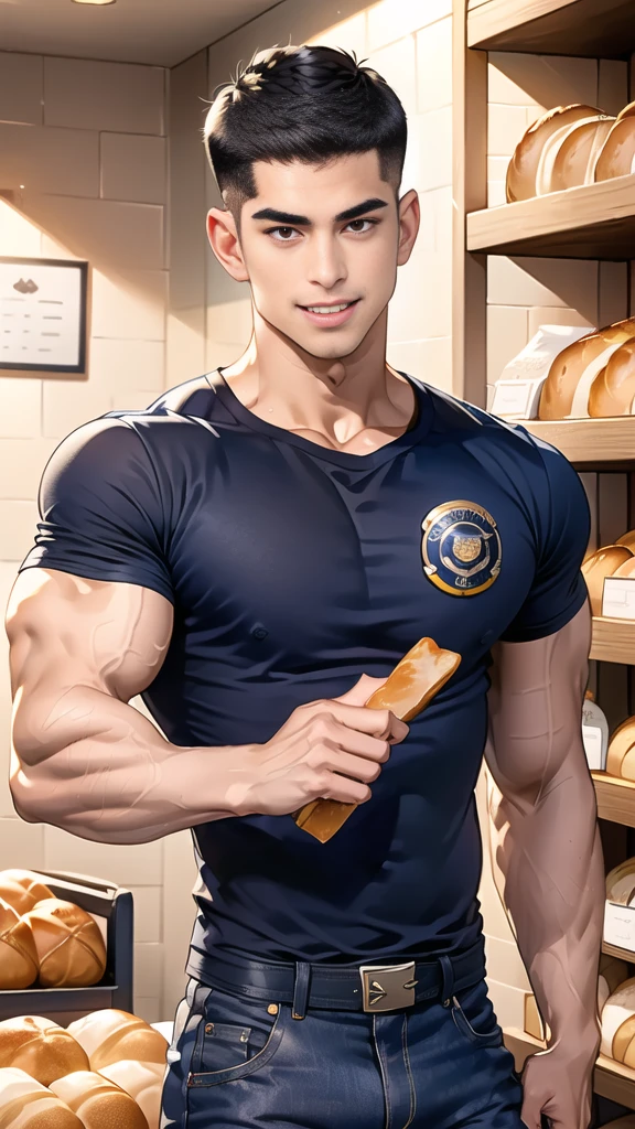 (handsome Man),(crew cut short hair:1.8),black eye,(Wear a fitted round neck t-shirt in navy with a police badge.:1.5),(fit neck),Navy blue jeans,(black_gloves:1.2), Korean guy,chest muscles,large arm muscles,blood vessel,Big muscles,Broad shoulders, (open mouth:1.2),(face up:1.2),(open eyes:1.5), middle of the road,smile, In the bread shop, (bread in hand)