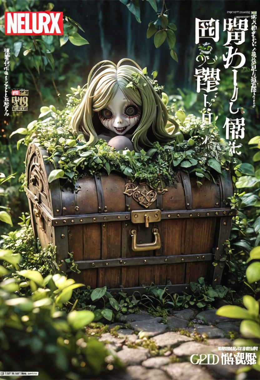 Magazine cover(masterpiece, best quality:1.2), There is a treasure chest in the bushes（（Horror atmosphere））（HD）（（best quality））， （（Surrealism））