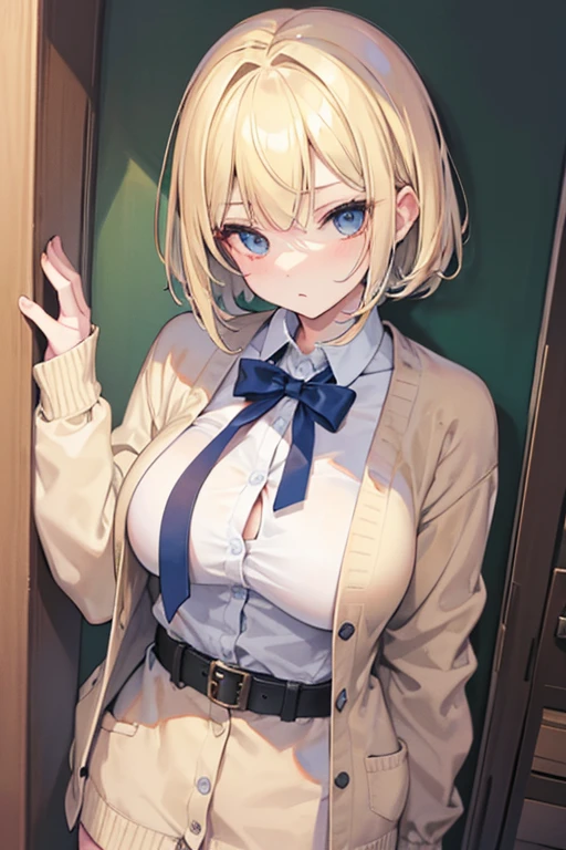 blonde, short hair, girl１, in the School classroom, (upper body), completely nude, (small nipples:1.2), (small areolas:1.2), kawaii, cute, purple eyes,(open white shirt),(shy), (blush),light smile