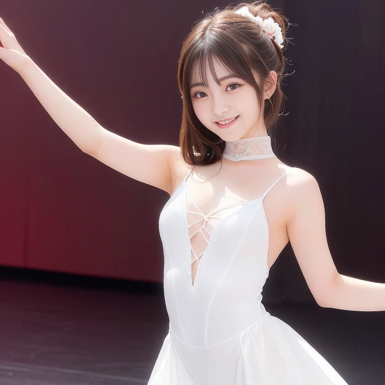 Photo-realistic quality、20-year-old Japanese idol in a white dress performing a figure skating routine, Beautiful Japanese Model,Wearing skates、 Wearing a white leotard,looking at the camera、Detailed and beautiful eyes、Cute smile、A soft and gentle look