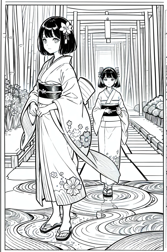 As a coloring book, the color should be black and white, the border should be simple, clear, and bold. [Girl with short brown hair] wearing a [kimono with koi fish pattern] strolling through the [Arashiyama Bamboo Forest] in Kyoto, Japan, with [kanzashi hair ornaments]