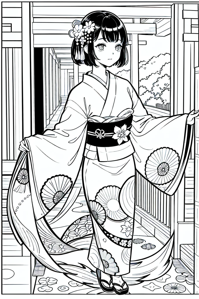 As a coloring book, the color should be black and white, the border should be simple, clear, and bold. [Girl with short brown hair] wearing a [kimono with koi fish pattern] strolling through the [Arashiyama Bamboo Forest] in Kyoto, Japan, with [kanzashi hair ornaments]
