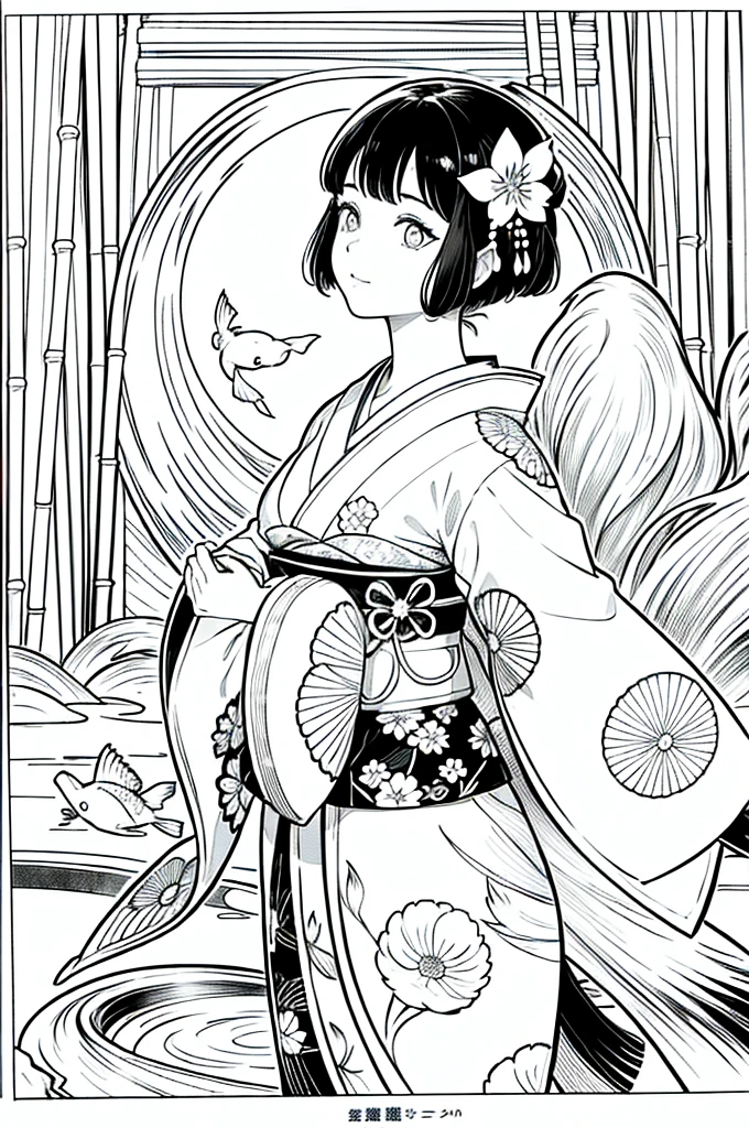 As a coloring book, the color should be black and white, the border should be simple, clear, and bold. [Girl with short brown hair] wearing a [kimono with koi fish pattern] strolling through the [Arashiyama Bamboo Forest] in Kyoto, Japan, with [kanzashi hair ornaments]