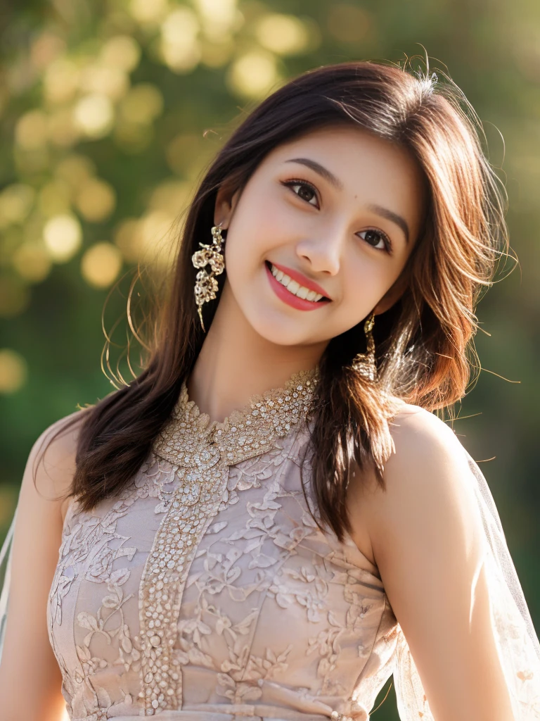 ultra high detailed, an indian girl, cute smile realistic face, happy, long hair, impressive hairstyle, detailed eyes, detailed lips, indian clothes, cherry red dress, lace, wearing jewellery, nature background, flowers, afternoon, shadow, clear weather, whole body capture,noch slim image long