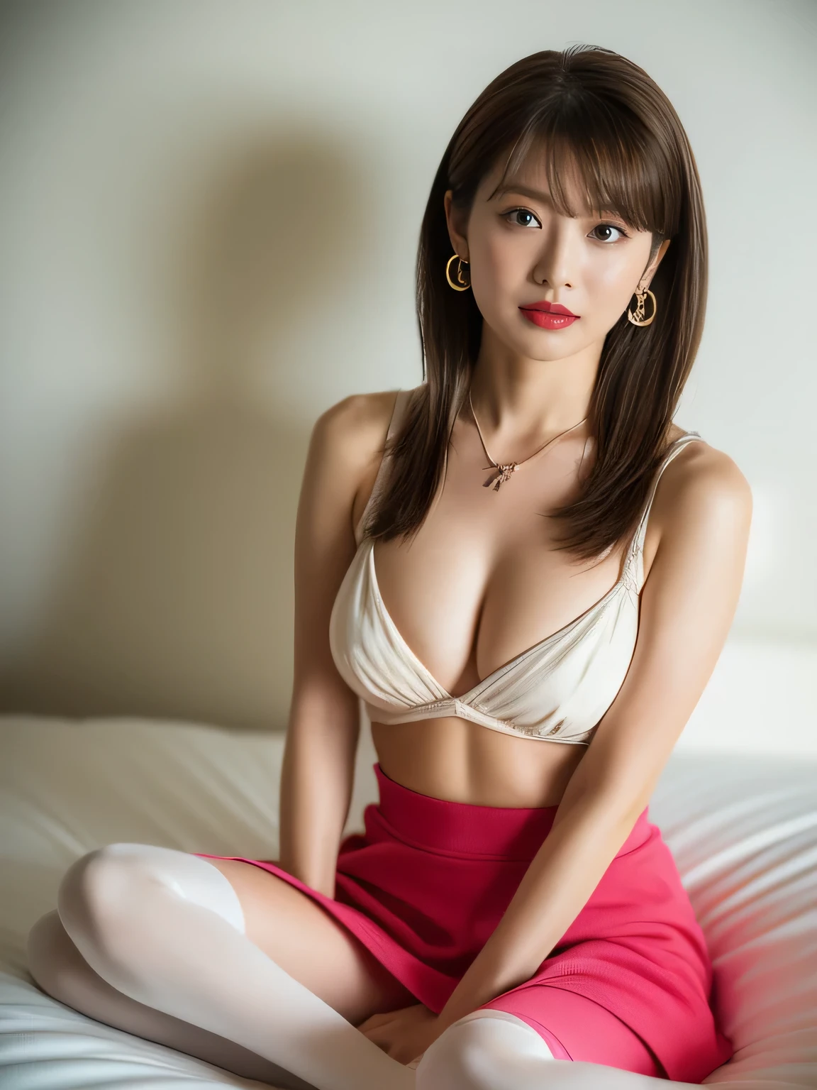 ((Wide-angle photography, Clear photos, Take a full body photo:1.2)),
(Bright color trend fashion, Cut and sew, Long Flared Skirt, Wearing black stockings:1.5),
(No bra, The shape of the nipples is visible,Beautiful thighs,Ultra-detailed skin),
((Her body is incredibly beautiful and stylish)),
((Spending time in bed with her, She is a little drunk:1.2)),
((Open your legs more, My boobs are big?:1.4)),
((24-years-old, Beautiful young wife:1.5)),
((Naughty lips, Sexy body, Body facing forward:1.2)),
((Small breasts, Flat Chest, chest is slightly drooping)),
((Large bedroom, Spotlight)),
Eye focus, Narrow shoulders, Beautiful clavicle, Thin arms, Thin legs, The back of the hand is beautiful and feminine, Slim figure, Soft belly, Tight waist, Highly detailed face, super detailed breasts, Ultra-detailed skin, Fair skin, Shiny skin,
Ultra-detailed lips, Fuller lips, Thick and soft lips, Glossy pink lips,
Blushing, White teeth, blue eyes,
Beautiful actress makeup, Compensate, Pink lipstick,
Dark brown hair, Delicate and soft hair, (Put your hair up, Fluffy short bob, ponytail:1.2), (Sweep your bangs to the side:1.2),
(Stylish earrings,necklace:1.2),