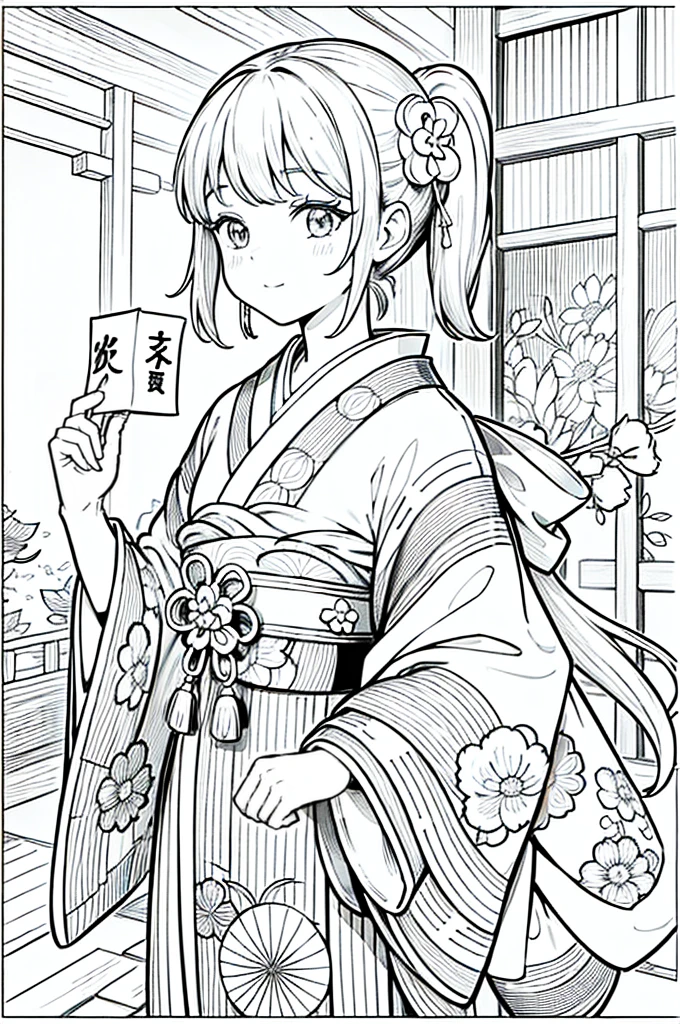 As a coloring book, the color should be black and white, the border should be simple, clear, and bold. [Girl with pigtails] wearing a [kimono with waves pattern] holding a [paper lantern] at the [Gion Matsuri festival] in Kyoto, Japan, with [sakura hair clips]