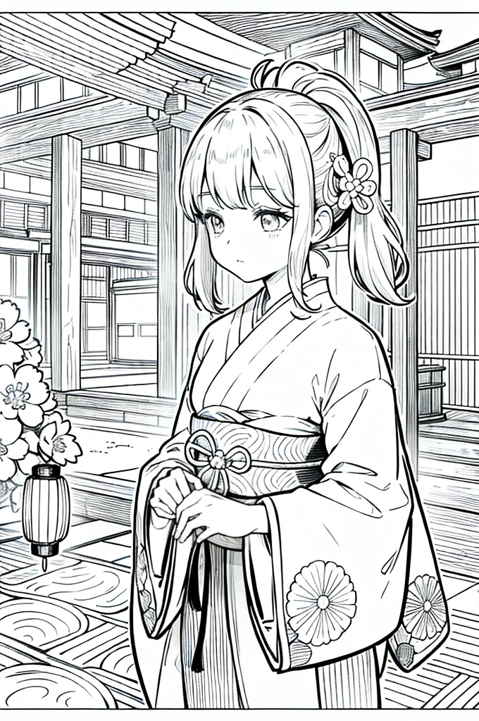 As a coloring book, the color should be black and white, the border should be simple, clear, and bold. [Girl with pigtails] wearing a [kimono with waves pattern] holding a [paper lantern] at the [Gion Matsuri festival] in Kyoto, Japan, with [sakura hair clips]