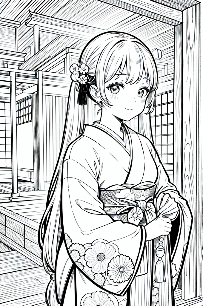 As a coloring book, the color should be black and white, the border should be simple, clear, and bold. [Girl with pigtails] wearing a [kimono with waves pattern] holding a [paper lantern] at the [Gion Matsuri festival] in Kyoto, Japan, with [sakura hair clips]
