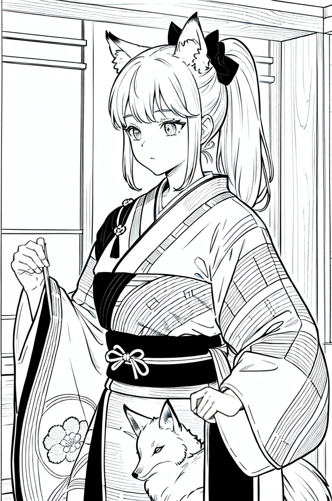 As a coloring book, the color should be black and white, the border should be simple, clear, and bold. [Girl with a ponytail] wearing a [kimono with fox pattern] practicing [kendo] in a [dojo], with [hair ties decorated with fox charms]