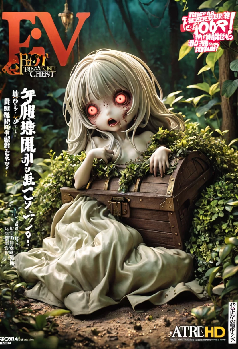 Magazine cover(masterpiece, best quality:1.2), There is a treasure chest in the bushes（（Horror atmosphere））（HD）（（best quality））， （（Surrealism））