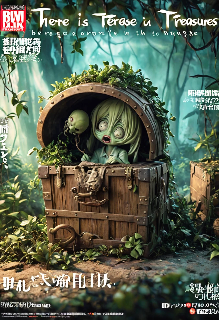 Magazine cover(masterpiece, best quality:1.2), There is a treasure chest in the bushes((Horror atmosphere))(HD)((best quality)), ((Surrealism))