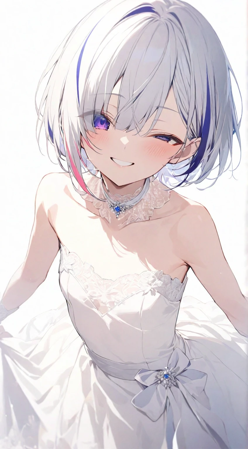(masterpiece), (best quality), perfect face, beautiful girl, white background background, delicate and beautiful face and eyes, dark intense shadow, 
1 girl, vtuber style, cool girl, hololive,amane kanata, streaked hair, short hair, Wedding dress, small chest, cropped shoulders, clavicle, one eye close winking, smile, body visible through clothes, chest visible through clothes, (full body), looking at viewer, standing,