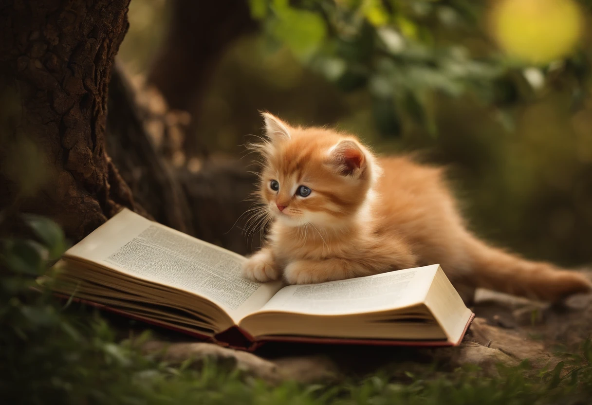 Kitten reading a book under a tree