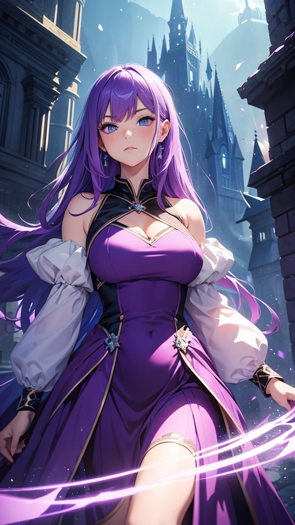girl,Purple Hair,straight hair,Blue Eyes,fit,Not plump,Put on a princess dress,atmosphere,Fantasy,Sharp picture,Beautiful color,Masterpiece,has magical powers