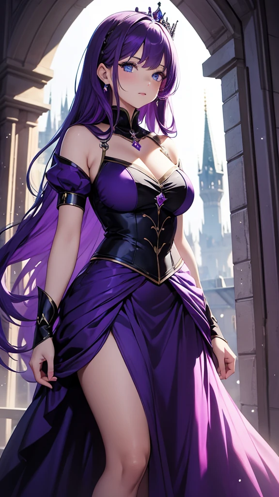 create for me an image of a female character in the style of genshin impact, With brown skin, long purple hair with red accents, an outfit with a dark purple corset, black wide pants and long black boots