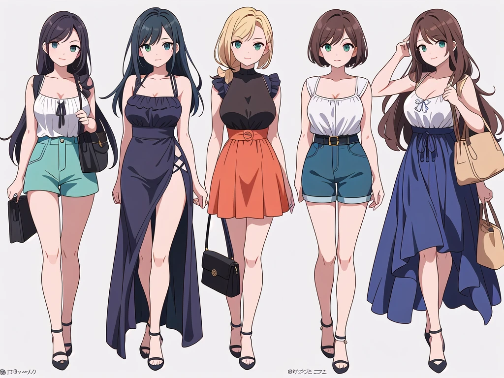 (((Best Quality))) , ((full body)), 4 lady, adult woman, multiple views, white background, variety of hairstyles, variety of fashion styles, seductive pose, fashionable and trendy atmosphere, holding bag, summer outfits, walk pose, dark blue/dark orange/dark green/dark violet/brown/white, short shorts, cleavage,