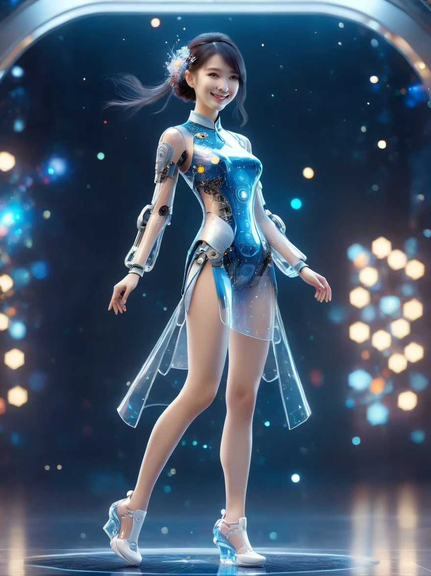 1xknh1, (full-body shot:1.4), Space Art, 1 Cheongsam woman，whole body，Standing，Transparent robotic arm，slim body，Perfect proportions，Exquisite hair accessories，Smile，Transparent mechanical shoes，Oriental elements，(bokeh)，high quality，4K，3d