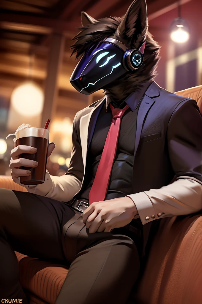 posted on e621, (by Chunie), Protogen,solo,masculine, Black fur with White stripes on the tips, Slim body, full body like, at a nightclub, Hitman wear, Black suit, Red tie, Sitting on the sofa, a cup of alcoholic drink, Abstract beauty, ultra detailed face, depth of field, motion blur, high details, high quality, award winning, HD, 16k, (best quality,4k,8k,highres,masterpiece:1.2),ultra-detailed,realistic:1.37,HDR,UHD,studio lighting,extreme detail description,professional,vivid colors,bokeh,lively atmosphere, natural lighting