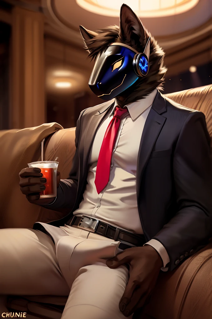 posted on e621, (by Chunie), Protogen,solo,masculine, Black fur with White stripes on the tips, Slim body, full body like, at a nightclub, Hitman wear, Black suit, Red tie, Sitting on the sofa, a cup of alcoholic drink, Abstract beauty, ultra detailed face, depth of field, motion blur, high details, high quality, award winning, HD, 16k, (best quality,4k,8k,highres,masterpiece:1.2),ultra-detailed,realistic:1.37,HDR,UHD,studio lighting,extreme detail description,professional,vivid colors,bokeh,lively atmosphere, natural lighting