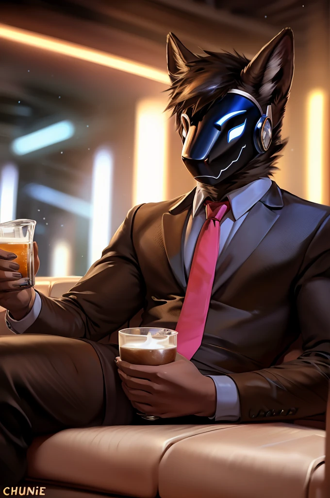 posted on e621, (by Chunie), Protogen,solo,masculine, Black fur with White stripes on the tips, Slim body, full body like, at a nightclub, Hitman wear, Black suit, Red tie, Sitting on the sofa, a cup of alcoholic drink, Abstract beauty, ultra detailed face, depth of field, motion blur, high details, high quality, award winning, HD, 16k, (best quality,4k,8k,highres,masterpiece:1.2),ultra-detailed,realistic:1.37,HDR,UHD,studio lighting,extreme detail description,professional,vivid colors,bokeh,lively atmosphere, natural lighting