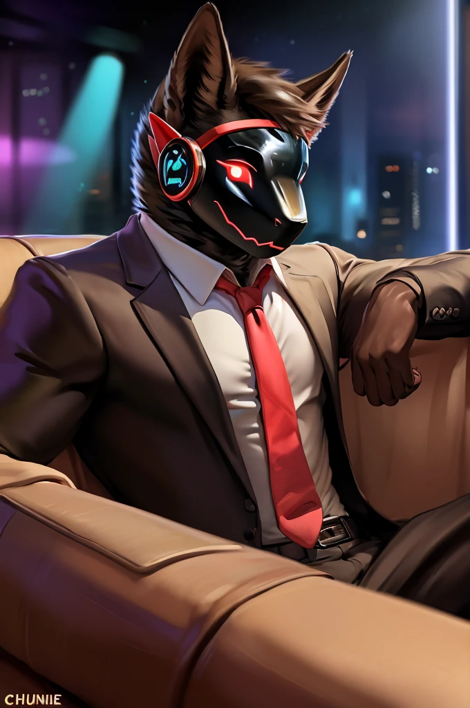 posted on e621, (by Chunie), Protogen,solo,masculine, Black fur with White stripes on the tips, Slim body, full body like, at a nightclub, Hitman wear, Black suit, Red tie, Sitting on the sofa, a cup of alcoholic drink, Abstract beauty, ultra detailed face, depth of field, motion blur, high details, high quality, award winning, HD, 16k, (best quality,4k,8k,highres,masterpiece:1.2),ultra-detailed,realistic:1.37,HDR,UHD,studio lighting,extreme detail description,professional,vivid colors,bokeh,lively atmosphere, natural lighting