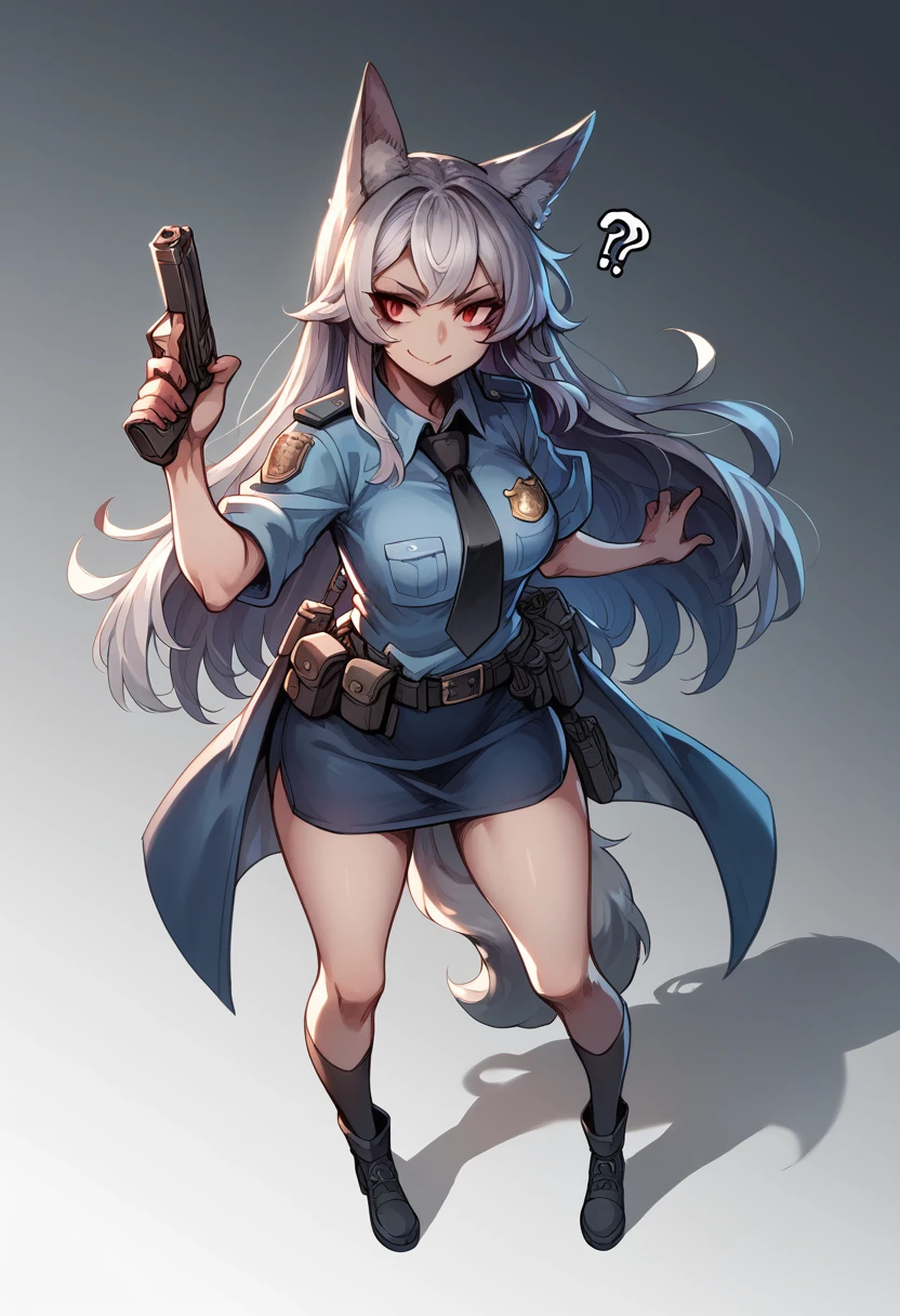 One girl,Fox Girl,Slit eyes,Silver Hair,Red eyes,Trimmed long hair,high school girl,Police uniform,Mobile Task Force Equipment,Wicked Smile,Full Art,Handgun,Possession of a gun,Ready your gun?,Hard boots