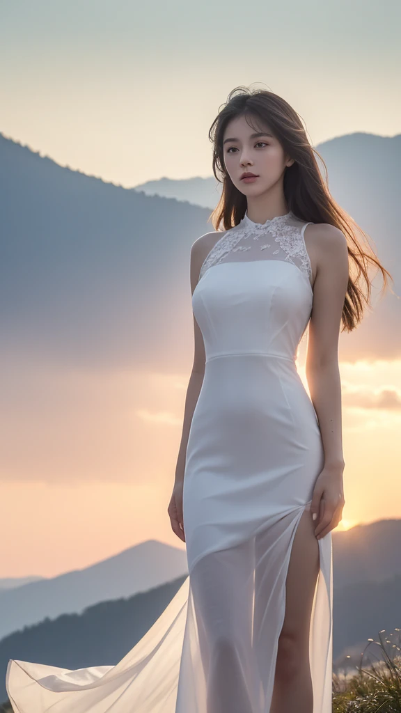 ((Best quality,High Detail,masterpiece:1.2)),(summer mountains,Sunset),(Backlight, See through body contours:1.3), 1 20-year-old girl, full-body shot:1.3,White dress dress,Clear facial features:1.5,standing solo, Elegant posture,Delicate face, White-skinned female,