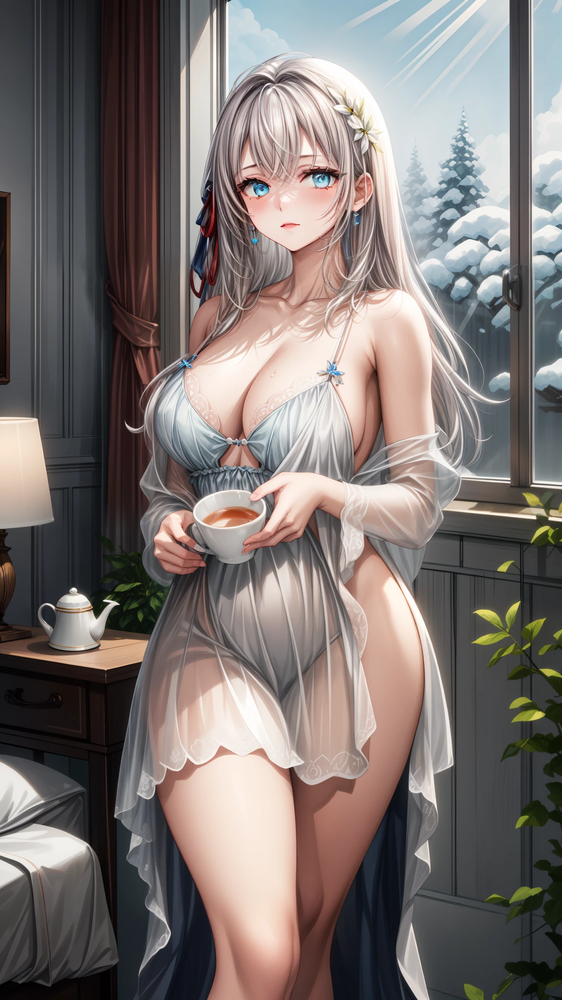 (1 girl), (Masterpiece), (Best Quality), ((looking at the viewer)), ((whole body)),((in front of the viewer)), ((dress that highlights your figure)), ((by white))
An incredibly beautiful young woman with snow-white hair and deep blue eyes like sapphires looks gracefully out the window upon waking up.. Her figure is slim and elegant., adorned with a delicate, Exquisite white silk nightgown trimmed with lace that accentuates your perfect skin under the soft morning light. She holds a cup of tea gracefully., while the first rays of the sun illuminate his angelic face, reflecting an aura of serenity and tranquility.