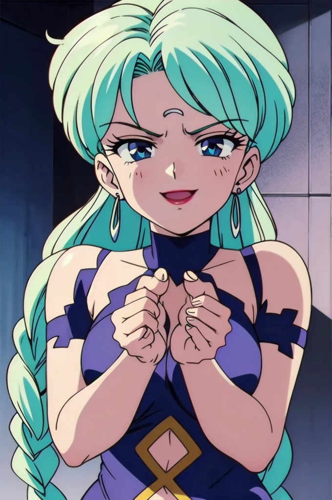 1girl, solo, facing viewer, looking down at viewer,,evil smile, BERTIE,,Highly detailed CG Unity 8K wallpaper, perfect lighting,official art,,(beautiful_face:1.5),(narrow_waist),,Highly detailed CG Unity 8K wallpaper, perfect lighting, anime screencap, retro artstyle, anime coloring, traditional media,evil huge laugh,lipstick,sadistic smile,deep shaded face,single braid,smile worst,worst ridecule,evil moukery,,one braid,lightblue leotard,two hands,five fingers,