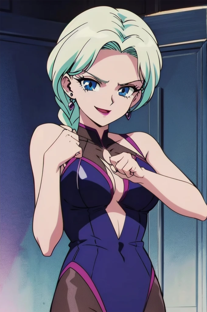 1girl, solo, facing viewer, looking down at viewer,,evil smile, BERTIE,,Highly detailed CG Unity 8K wallpaper, perfect lighting,official art,,(beautiful_face:1.5),(narrow_waist),,Highly detailed CG Unity 8K wallpaper, perfect lighting, anime screencap, retro artstyle, anime coloring, traditional media,evil huge laugh,lipstick,sadistic smile,deep shaded face,single braid,smile worst,worst ridecule,evil moukery,,one braid,lightblue leotard,two hands,five fingers,