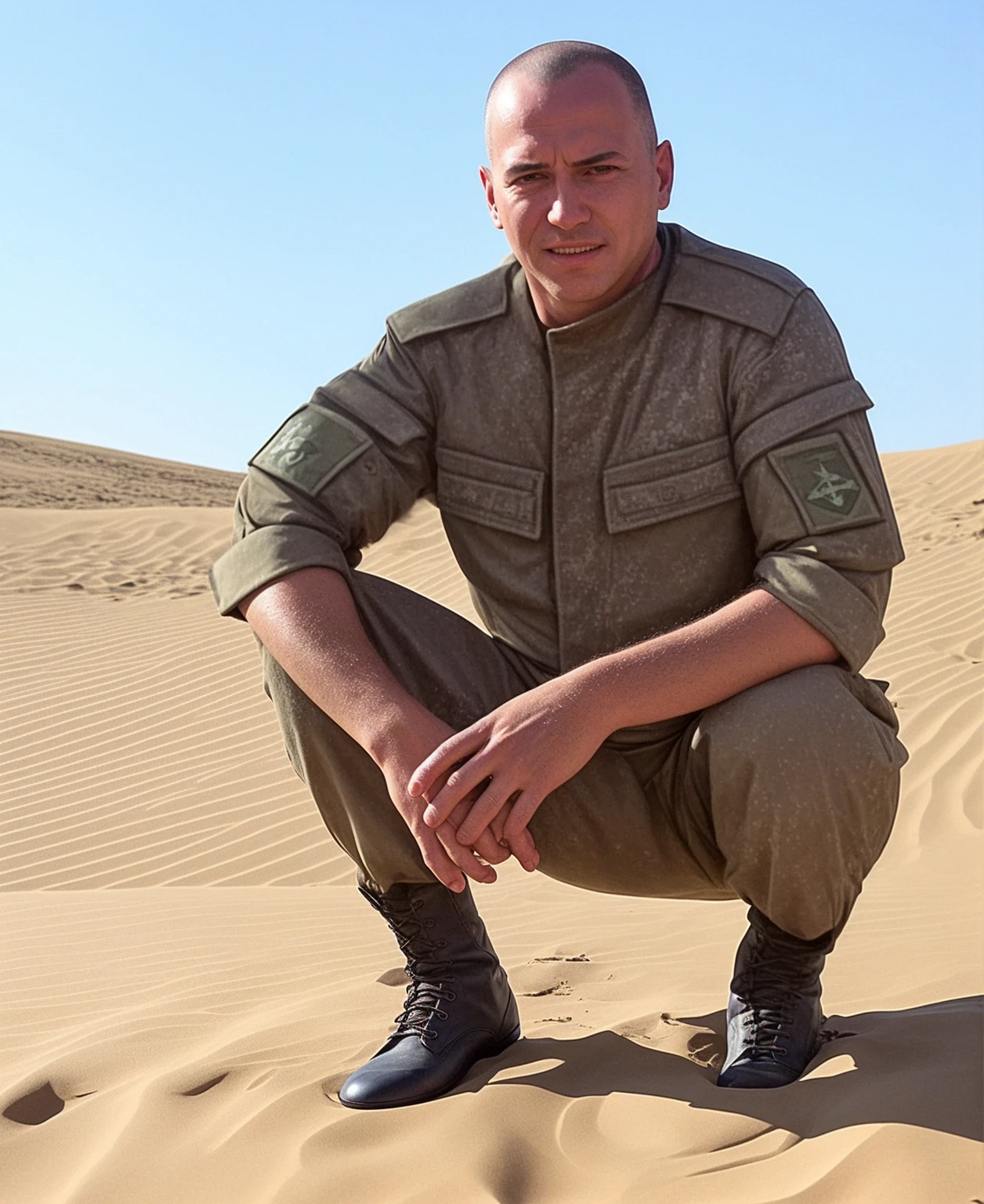 российский солдат, мужчина в военной форме, армейские сапоги, нашивки, карманы, specular lighting, dslr, ultra quality. sharp focus, tack sharp, dof, film grain, Fujifilm XT3, crystal clear, 