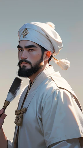 alone、Oriental、Ancient Chinese young man in white costume、Hold the brush and show it、Highest quality、masterpiece、Ultra-high resolution、(Realistic:1.4)、Game Poster、Crisp and beautiful image quality、（Handsome bearded man）,Ancient Chinese hairstyle with a large plain white beret that loosely covers the head like a turban、