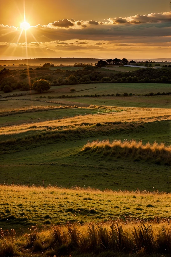 Background: Use a dramatic background, perhaps a vast field of grass with the sun setting or rising behind it, creating an epic and vibrant atmosphere
