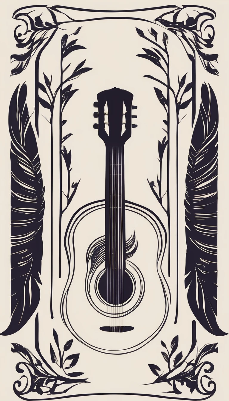 A minimal, modern, simple, cinematic logotype for the brand “Penamemoria". The logo design must be a simple, magical feather and a boy playing acoustic guitar. The logo must convey a sense of music, stories and dreams. Logo design impressed on a book cover. Minimalistic logo