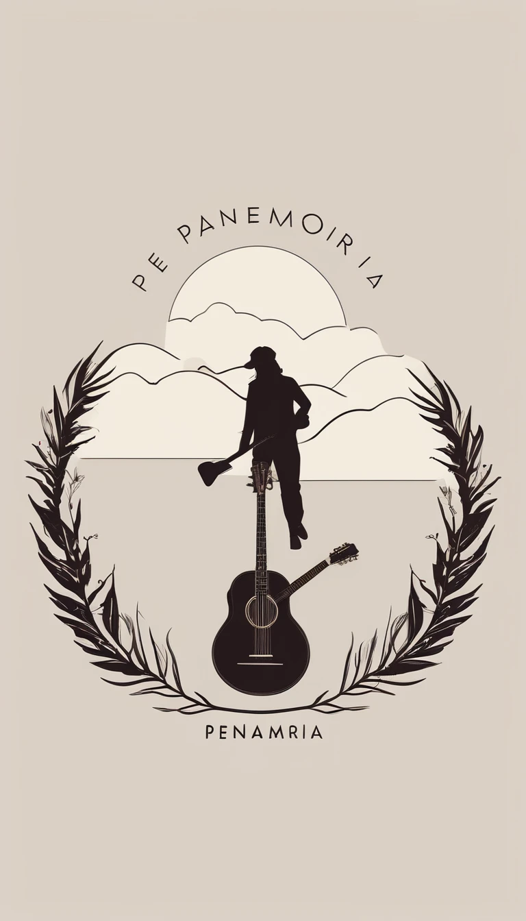A minimal, modern, simple, cinematic logotype for the brand “Penamemoria". The logotype must be a simple, magical feather and a boy playing acoustic guitar. The logo must convey a sense of music, stories and dreams. Logo design impressed on a book cover. Minimalistic logo