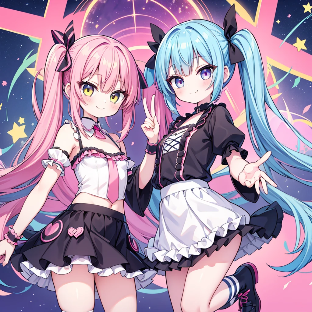 masterpiece, best quality, hyper detailed, 3girl, evil smiling, looking at viewerery,flat chest,blue hair,short twintails,middle hair,sky blue eyes,cute miniskirt,cute striped panty,cute high socks,cute shoes,smirk,pantyshot,
1girl, evil smiling, looking at viewer,flat chest,small breasts,pink hair,twintails,middle hair,pink eyes,with star-shaped eyes,
2girl, evil smiling, looking at viewer,yellow hair,twintails,middle hair,yellow eyes,with star-shaped eyes,